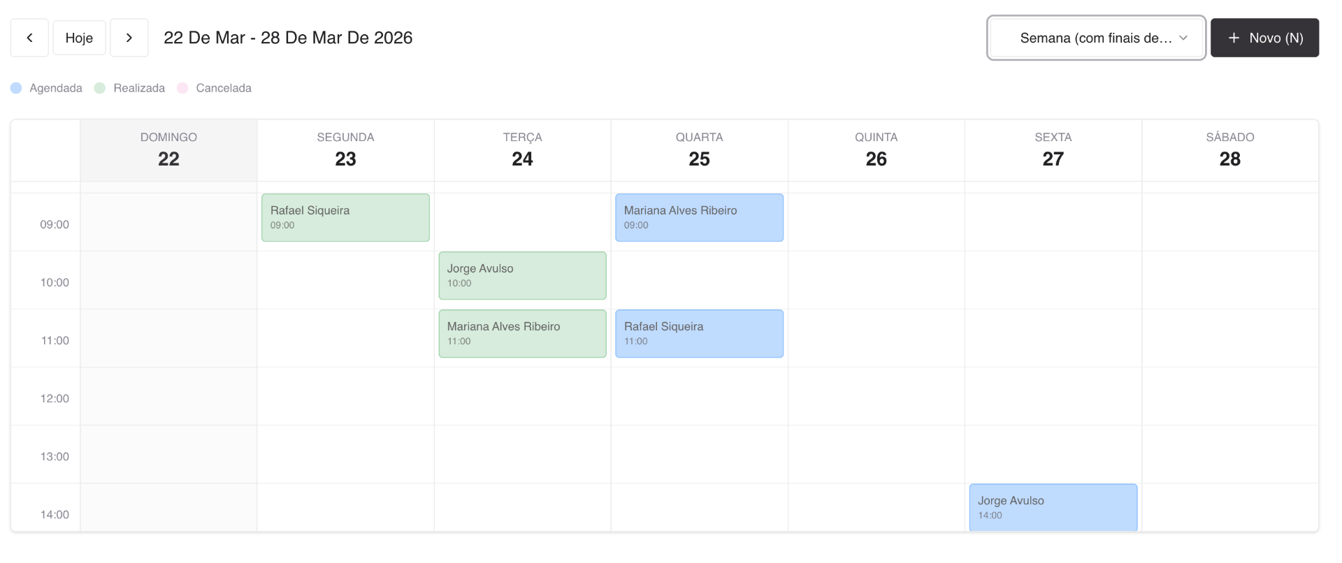 Tela da agenda semanal do PsicoAgenda com horários, sessões e status de atendimento.
