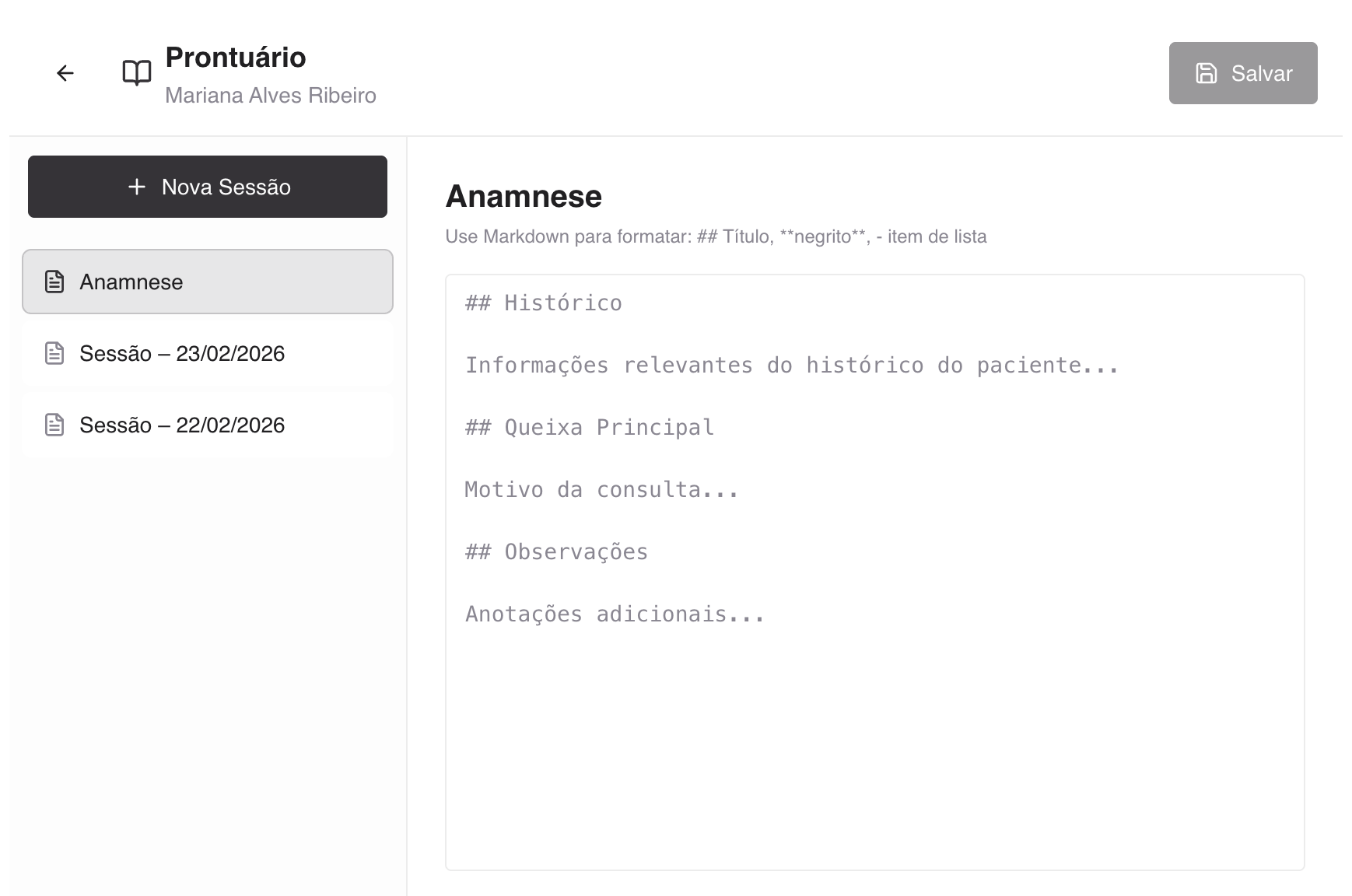 Tela do prontuário digital com lista de sessões e campo de anamnese do paciente.